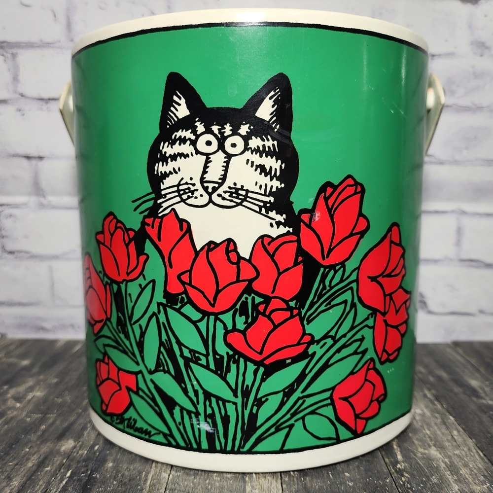 Vintage B. Kliban Cat W/ Flowers 1970s/80s Green & Red Ice Bucket B K Wilson